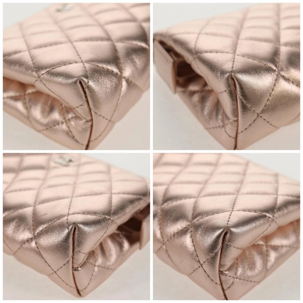 CHANEL Matelasse Pouch Lamb Skin Pink Gold CC Auth 157936M - Picture 14 of 16